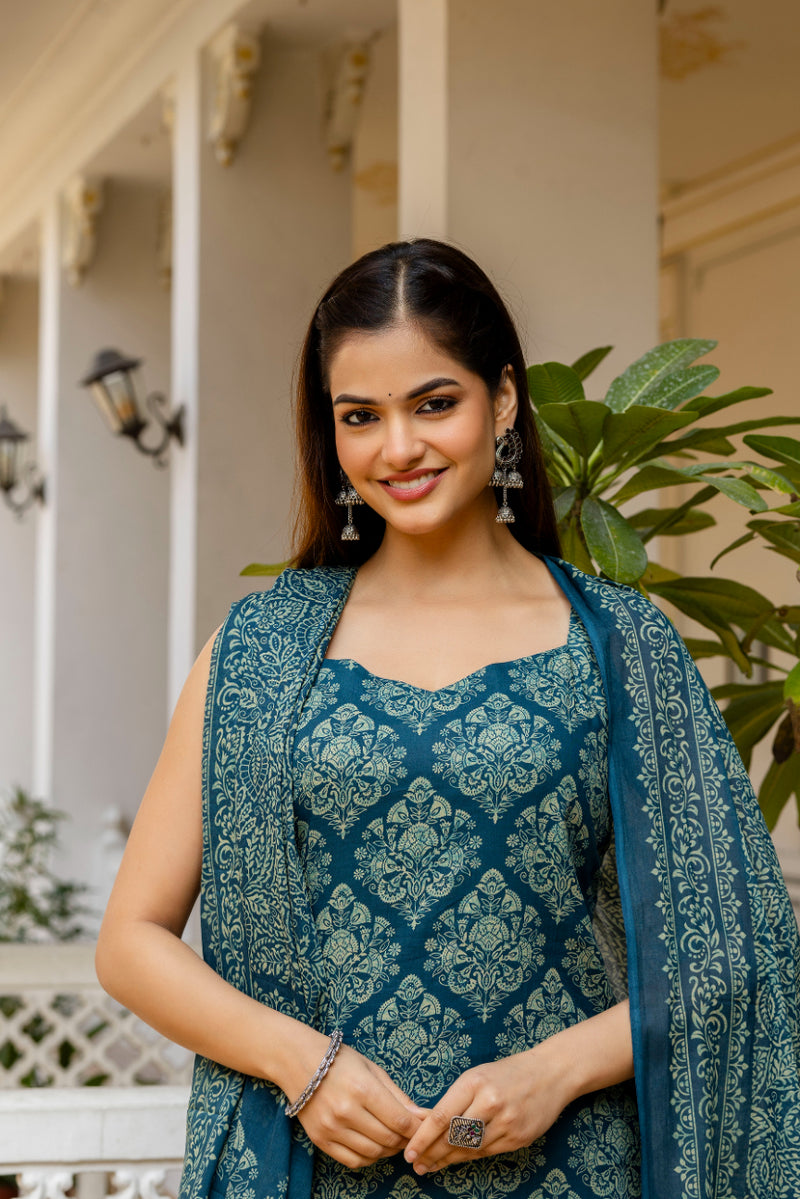 EthniFlair Women Ethnic Motifs Printed Regular Pure Cotton Kurta with Palazzos & With Dupatta