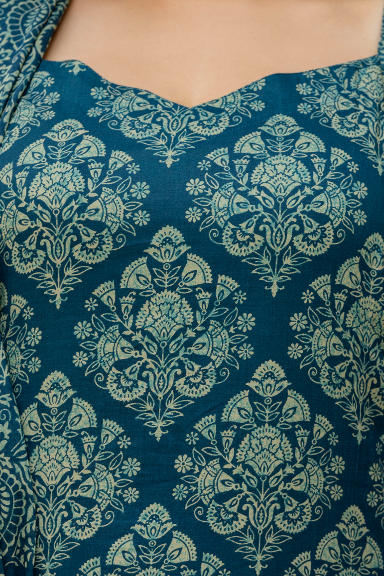 EthniFlair Women Ethnic Motifs Printed Regular Thread Work Pure Cotton Kurta with Palazzos & With Dupatta