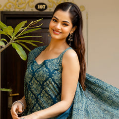 EthniFlair Women Ethnic Motifs Printed Regular Thread Work Pure Cotton Kurta with Palazzos & With Dupatta