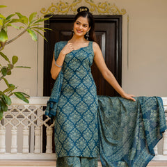 EthniFlair Women Ethnic Motifs Printed Regular Thread Work Pure Cotton Kurta with Palazzos & With Dupatta