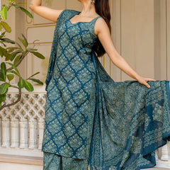 EthniFlair Women Ethnic Motifs Printed Regular Thread Work Pure Cotton Kurta with Palazzos & With Dupatta