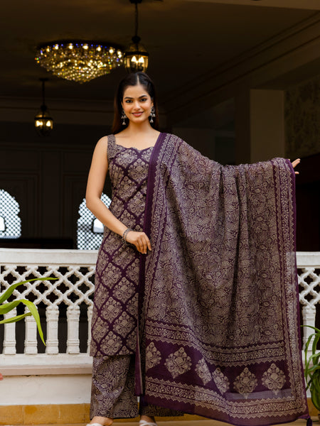 EthniFlair Women Ethnic Motifs Printed Regular Pure Cotton Kurta with Palazzos & With Dupatta