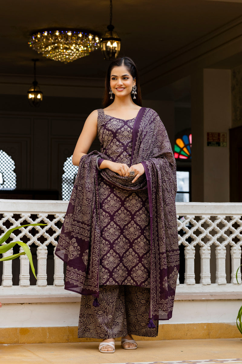 EthniFlair Women Ethnic Motifs Printed Regular Pure Cotton Kurta with Palazzos & With Dupatta