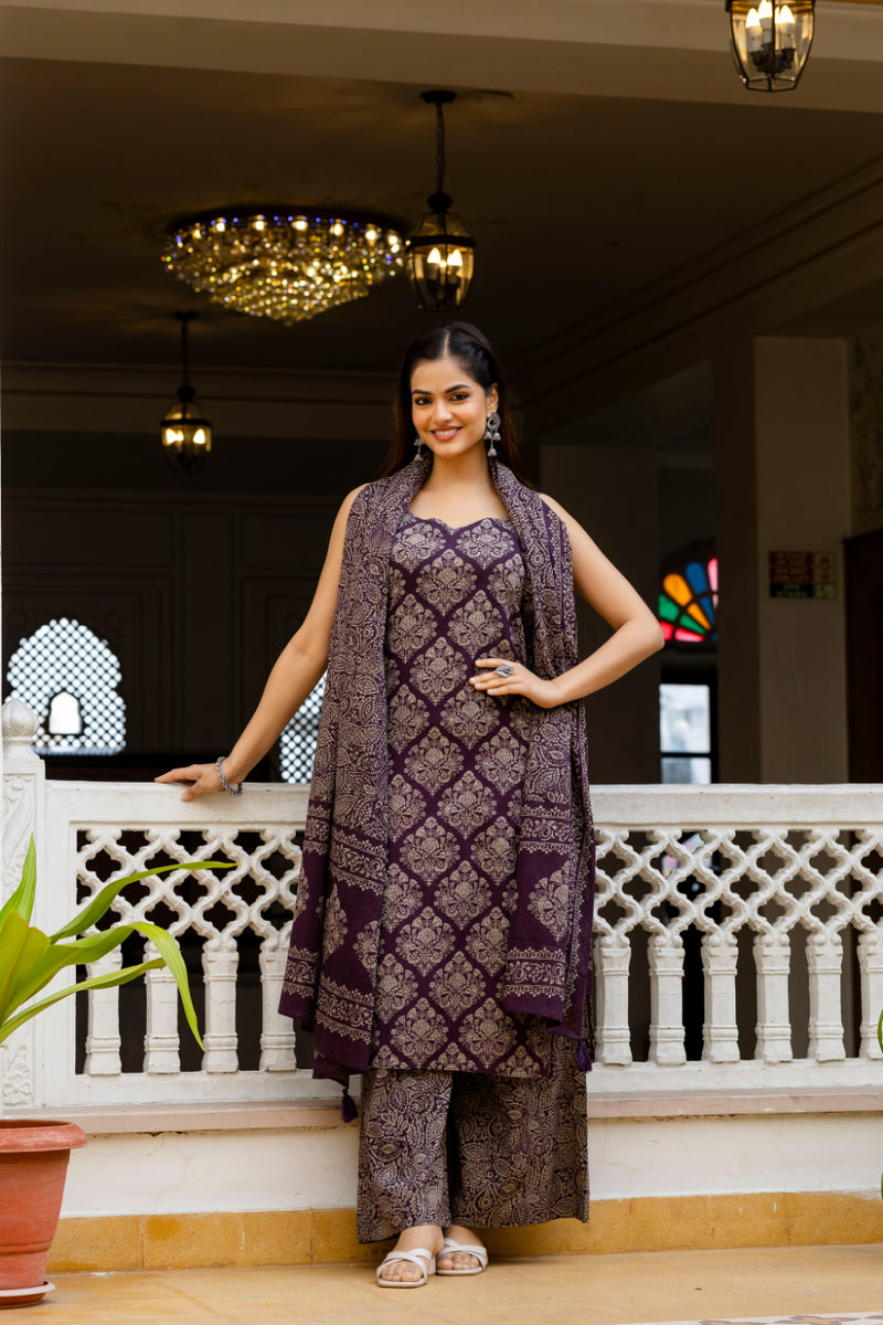 EthniFlair Women Ethnic Motifs Printed Regular Pure Cotton Kurta with Palazzos & With Dupatta