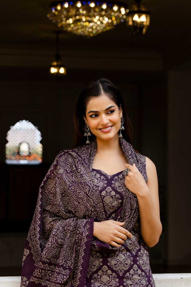 EthniFlair Women Ethnic Motifs Printed Regular Pure Cotton Kurta with Palazzos & With Dupatta