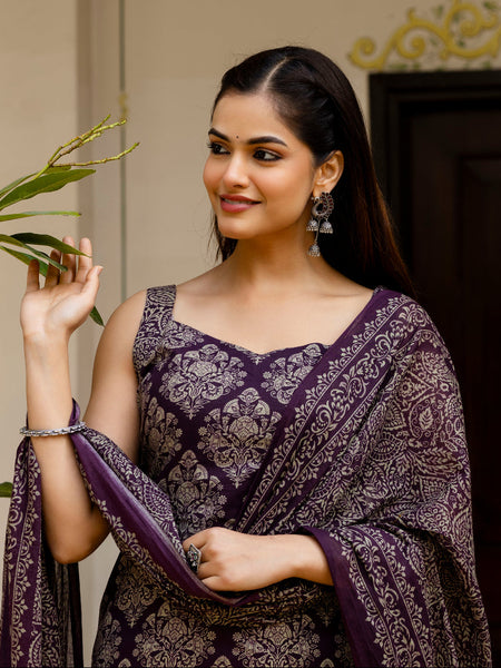 EthniFlair Women Ethnic Motifs Printed Regular Pure Cotton Kurta with Palazzos & With Dupatta