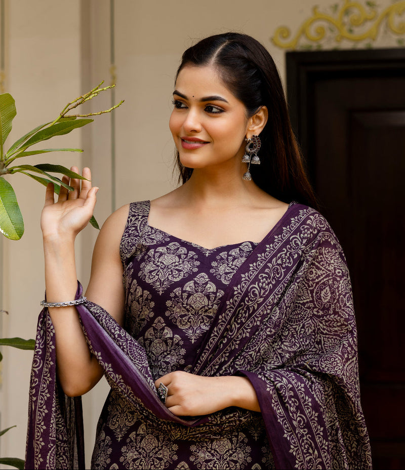 EthniFlair Women Ethnic Motifs Printed Regular Pure Cotton Kurta with Palazzos & With Dupatta