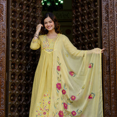 EthniFlair Floral Embroidered Schiffli Kurta with Palazzos & Dupatta