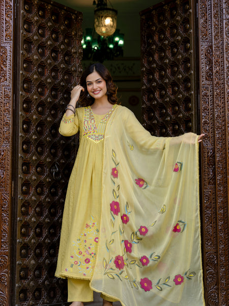 EthniFlair Floral Embroidered Schiffli Kurta with Palazzos & Dupatta