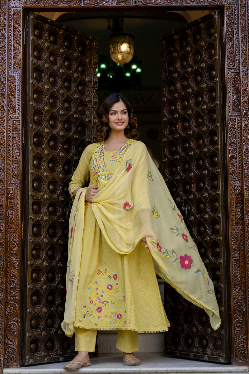 EthniFlair Floral Embroidered Schiffli Kurta with Palazzos & Dupatta