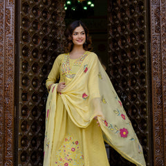 EthniFlair Floral Embroidered Schiffli Kurta with Palazzos & Dupatta