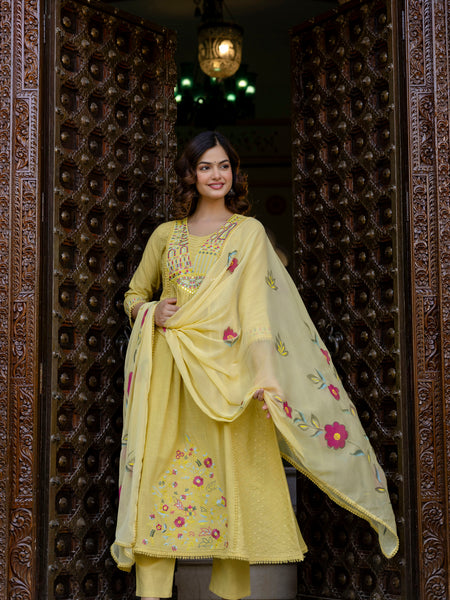 EthniFlair Floral Embroidered Schiffli Kurta with Palazzos & Dupatta