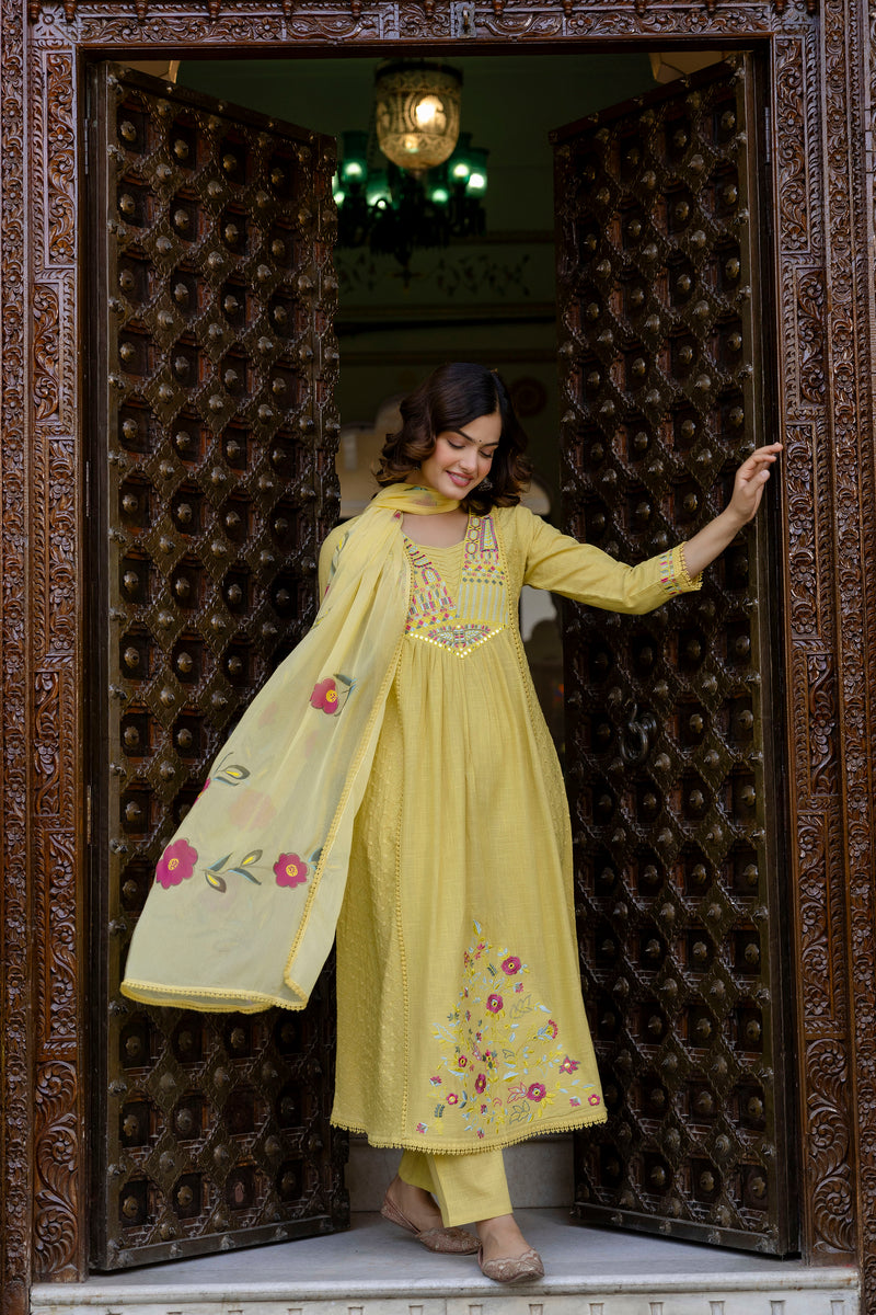 EthniFlair Floral Embroidered Schiffli Kurta with Palazzos & Dupatta