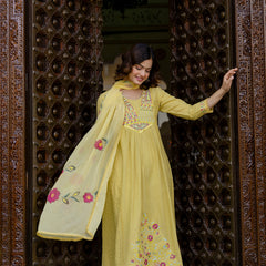 EthniFlair Floral Embroidered Schiffli Kurta with Palazzos & Dupatta