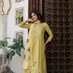 EthniFlair Floral Embroidered Schiffli Kurta with Palazzos & Dupatta