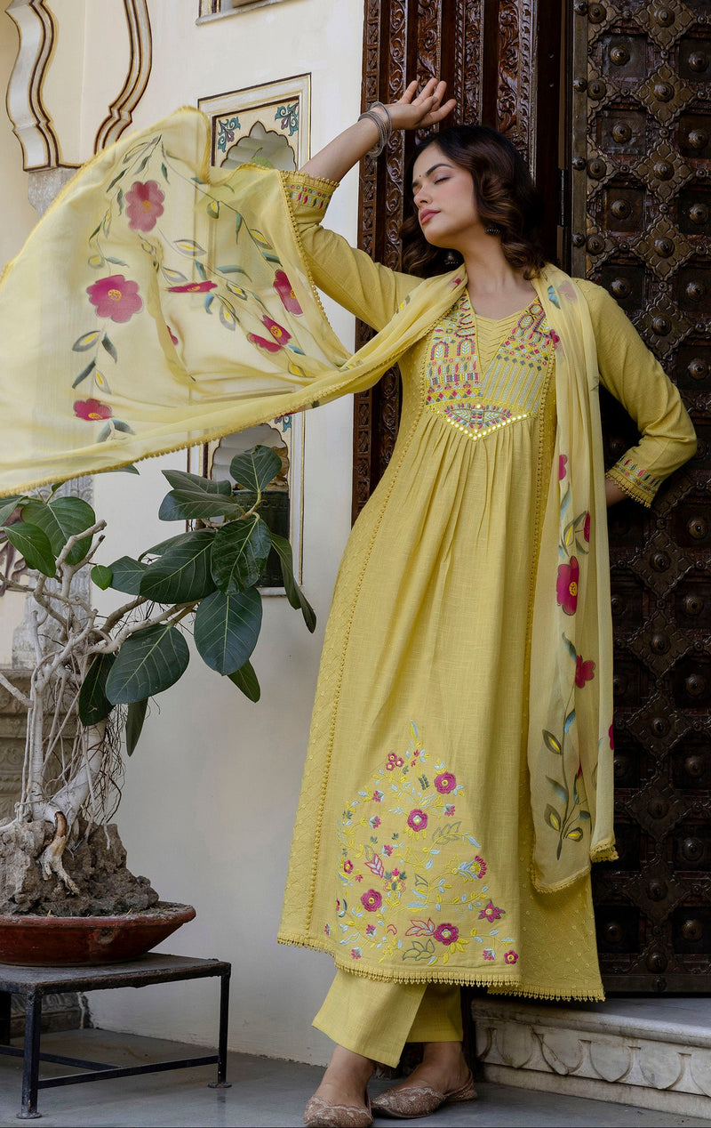 EthniFlair Floral Embroidered Schiffli Kurta with Palazzos & Dupatta