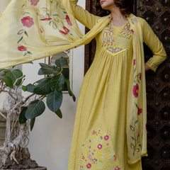 EthniFlair Floral Embroidered Schiffli Kurta with Palazzos & Dupatta