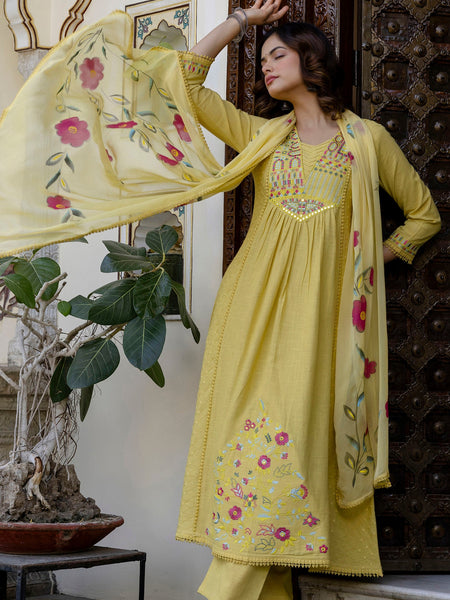 EthniFlair Floral Embroidered Schiffli Kurta with Palazzos & Dupatta