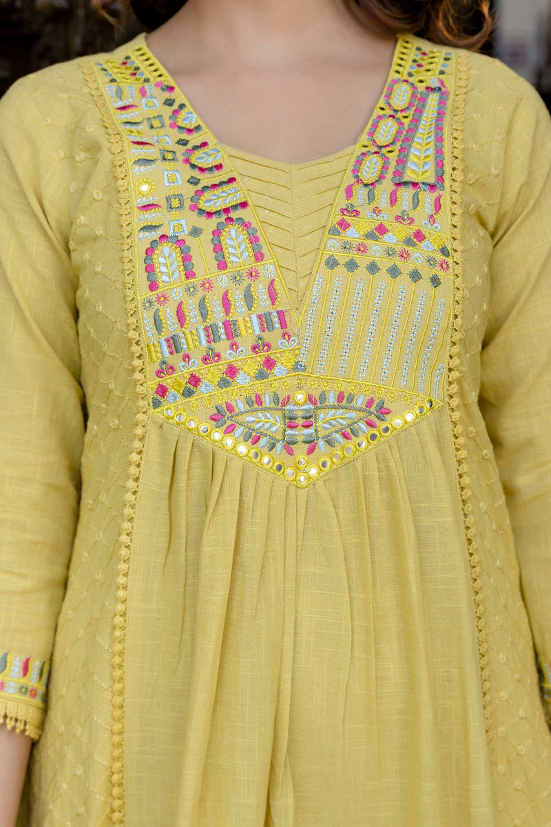 EthniFlair Floral Embroidered Schiffli Kurta with Palazzos & Dupatta