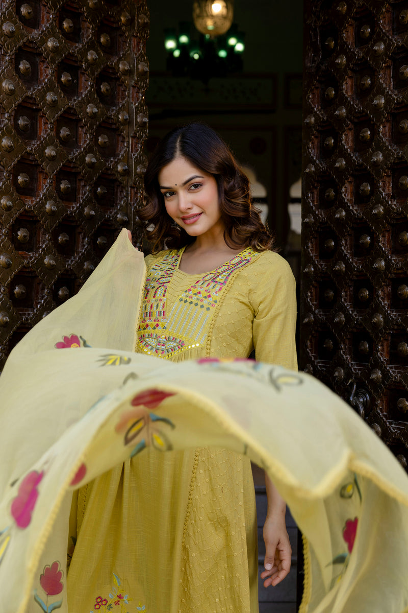 EthniFlair Floral Embroidered Schiffli Kurta with Palazzos & Dupatta