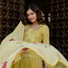 EthniFlair Floral Embroidered Schiffli Kurta with Palazzos & Dupatta