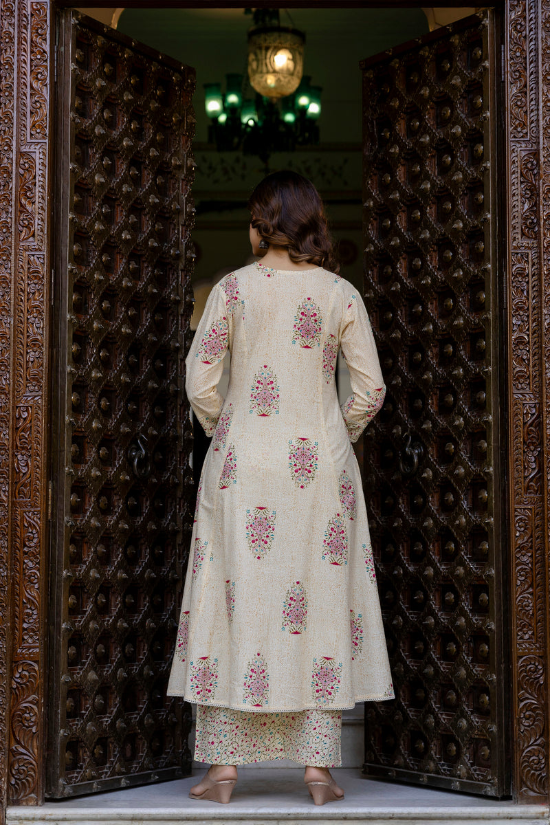 EthniFlair Floral Printed V-Neck A-Line Kurta With Trousers & Dupatta