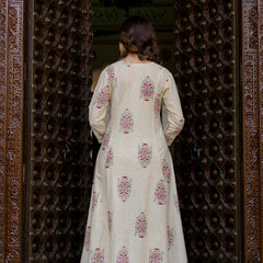 EthniFlair Floral Printed V-Neck A-Line Kurta With Trousers & Dupatta