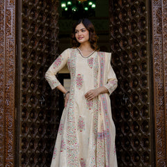 EthniFlair Floral Printed V-Neck A-Line Kurta With Trousers & Dupatta