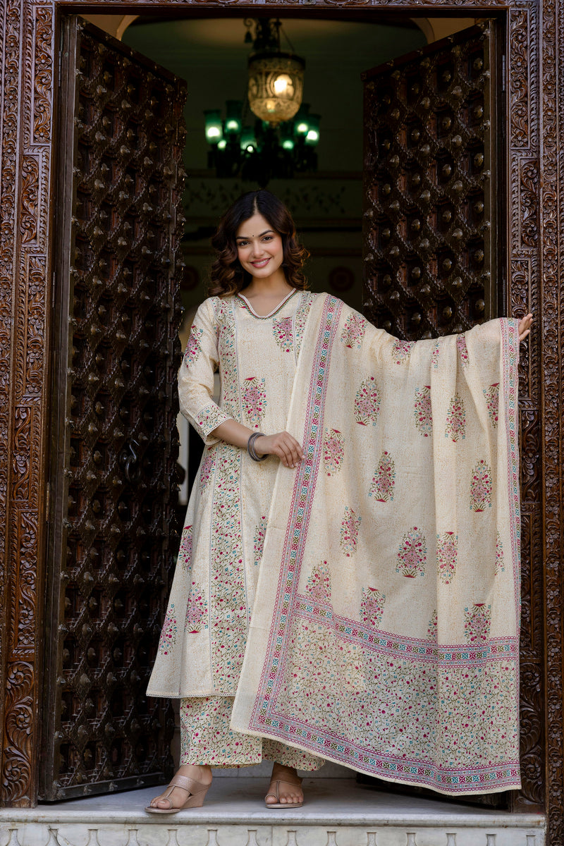 EthniFlair Floral Printed V-Neck A-Line Kurta With Trousers & Dupatta