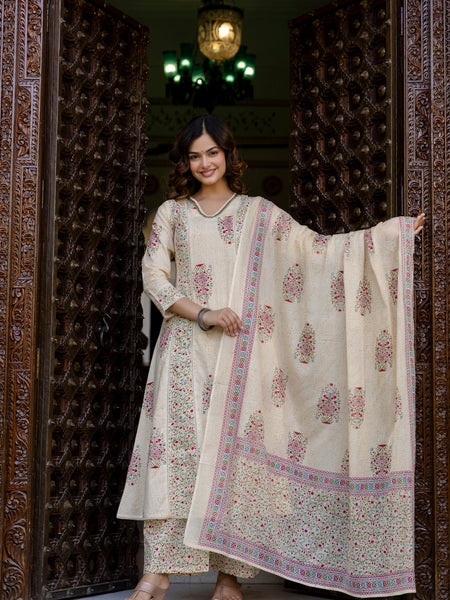 EthniFlair Floral Printed V-Neck A-Line Kurta With Trousers & Dupatta