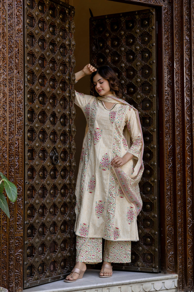 EthniFlair Floral Printed V-Neck A-Line Kurta With Trousers & Dupatta