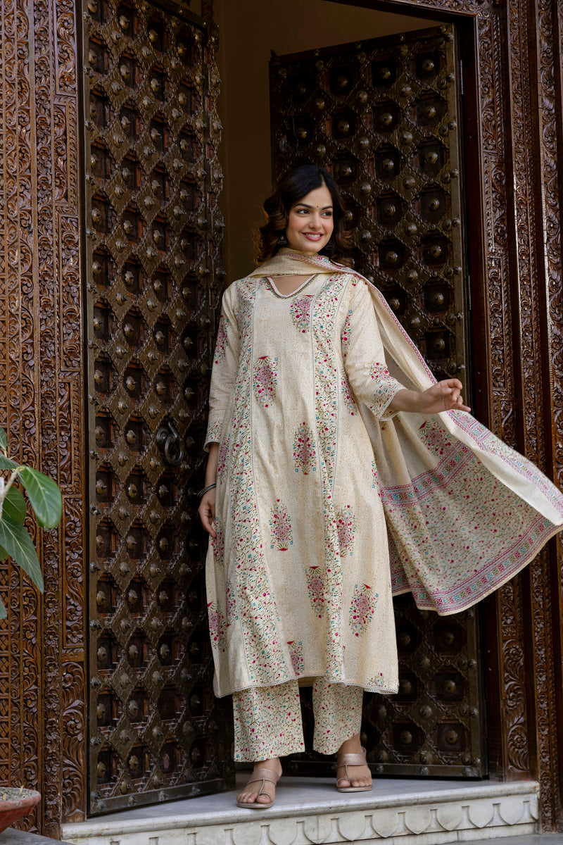 EthniFlair Floral Printed V-Neck A-Line Kurta With Trousers & Dupatta