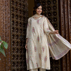 EthniFlair Floral Printed V-Neck A-Line Kurta With Trousers & Dupatta