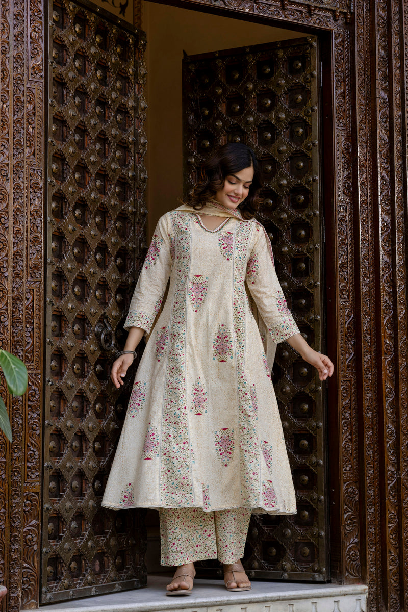 EthniFlair Floral Printed V-Neck A-Line Kurta With Trousers & Dupatta