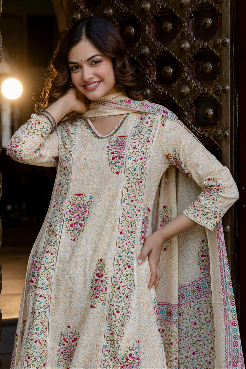 EthniFlair Floral Printed V-Neck A-Line Kurta With Trousers & Dupatta