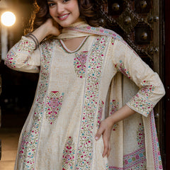EthniFlair Floral Printed V-Neck A-Line Kurta With Trousers & Dupatta