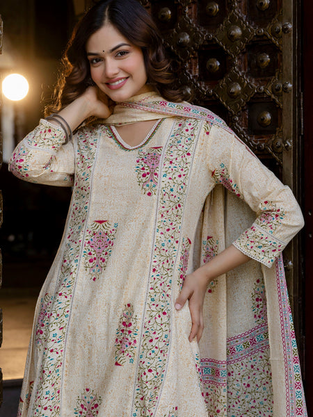 EthniFlair Floral Printed V-Neck A-Line Kurta With Trousers & Dupatta