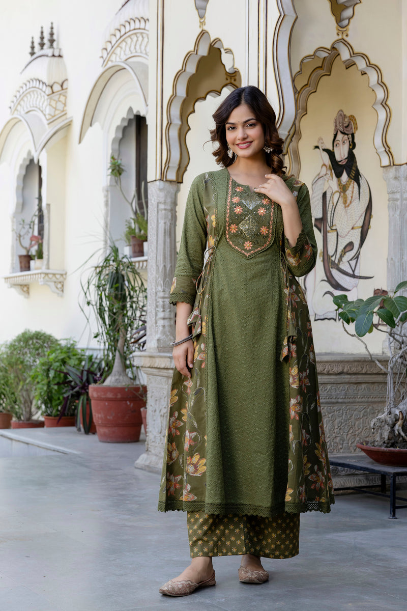 EthniFlair Floral Embroidered Sequinned Kurta with Palazzos & Dupatta