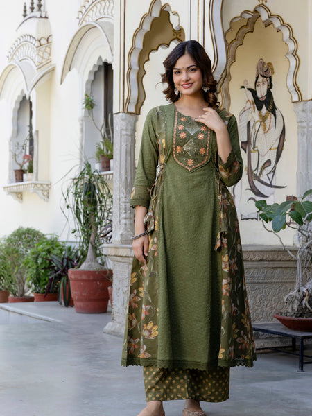 EthniFlair Floral Embroidered Sequinned Kurta with Palazzos & Dupatta