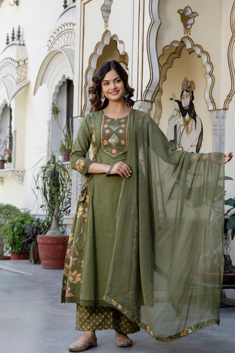 EthniFlair Floral Embroidered Sequinned Kurta with Palazzos & Dupatta