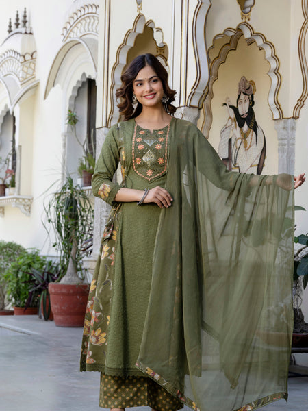 EthniFlair Floral Embroidered Sequinned Kurta with Palazzos & Dupatta
