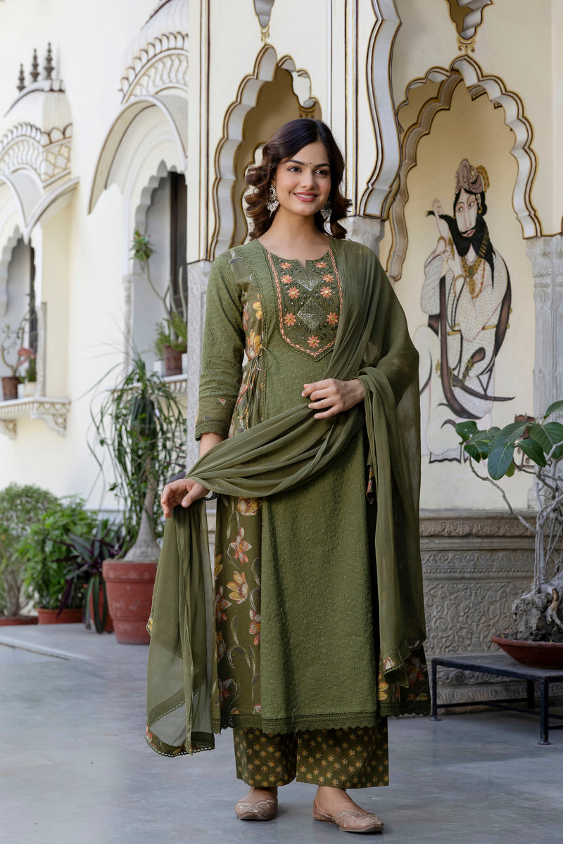EthniFlair Floral Embroidered Sequinned Kurta with Palazzos & Dupatta