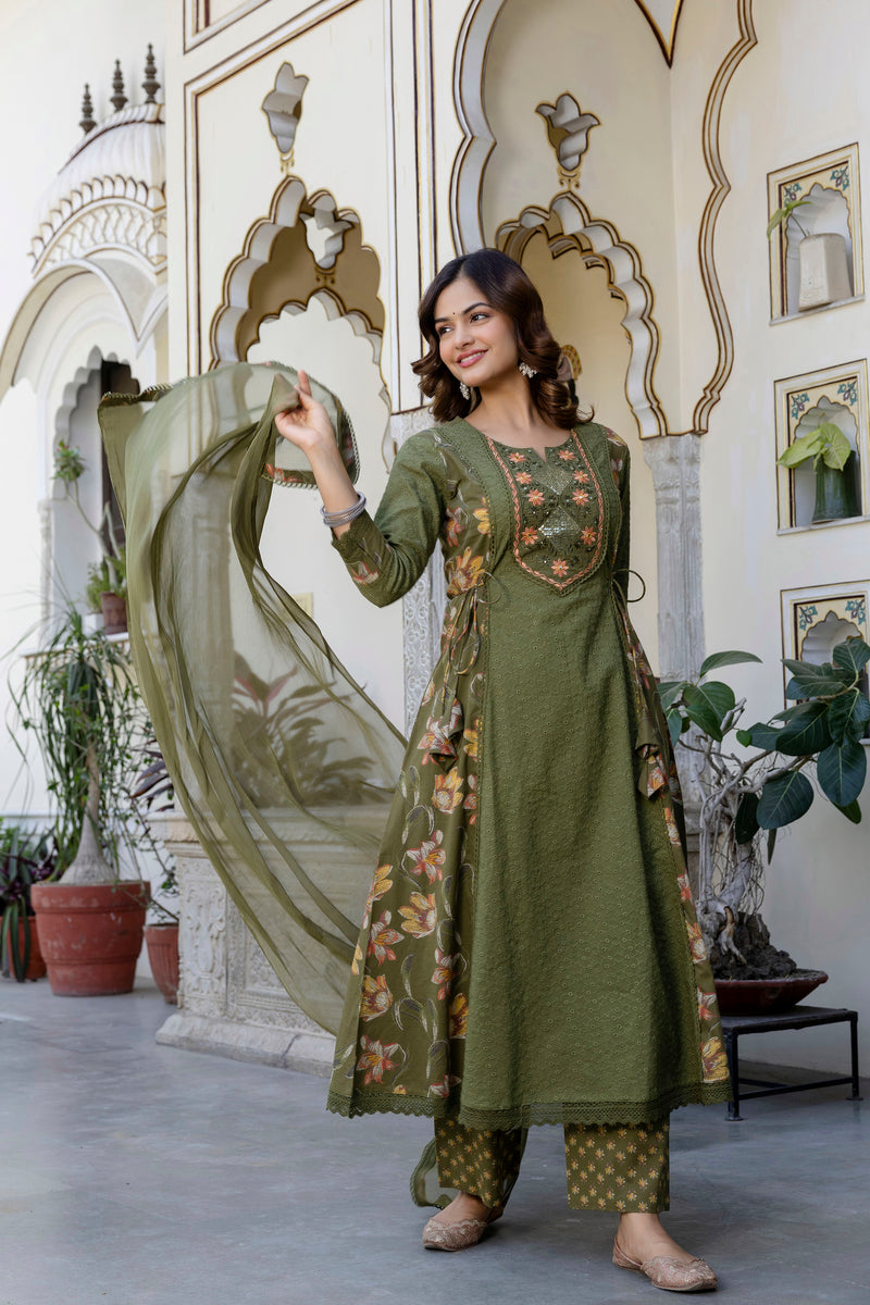 EthniFlair Floral Embroidered Sequinned Kurta with Palazzos & Dupatta