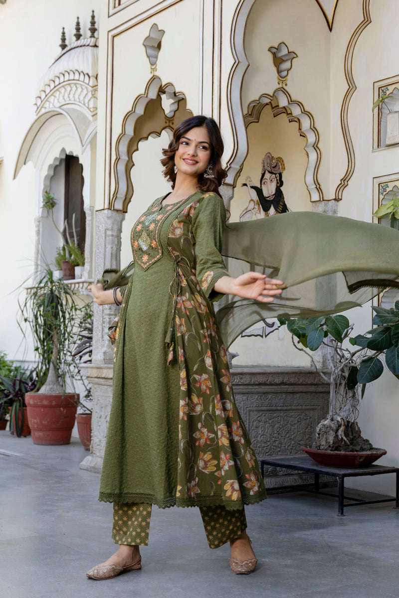 EthniFlair Floral Embroidered Sequinned Kurta with Palazzos & Dupatta