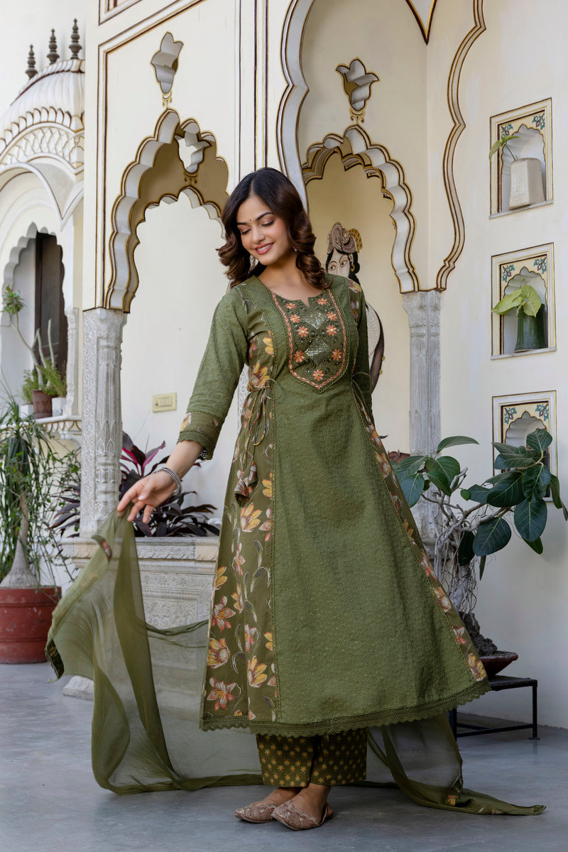 EthniFlair Floral Embroidered Sequinned Kurta with Palazzos & Dupatta
