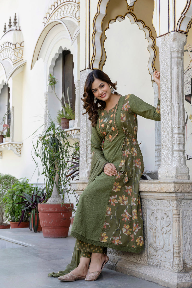 EthniFlair Floral Embroidered Sequinned Kurta with Palazzos & Dupatta