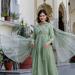 EthniFlair Yoke Design V-Neck Pleated Kurta With Trousers & Dupatta