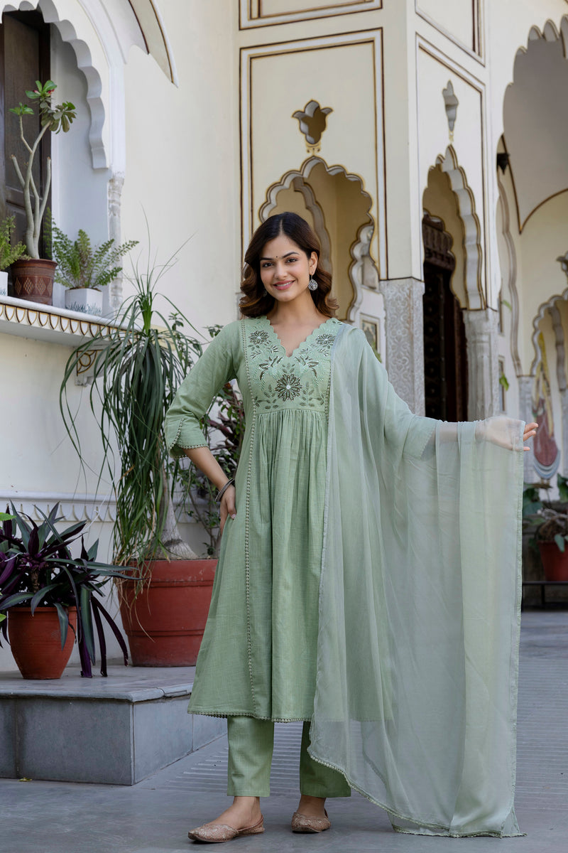 EthniFlair Yoke Design V-Neck Pleated Kurta With Trousers & Dupatta