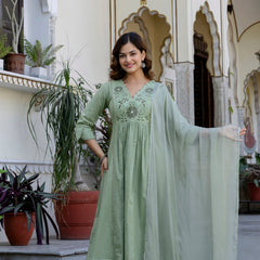 EthniFlair Yoke Design V-Neck Pleated Kurta With Trousers & Dupatta
