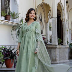EthniFlair Yoke Design V-Neck Pleated Kurta With Trousers & Dupatta